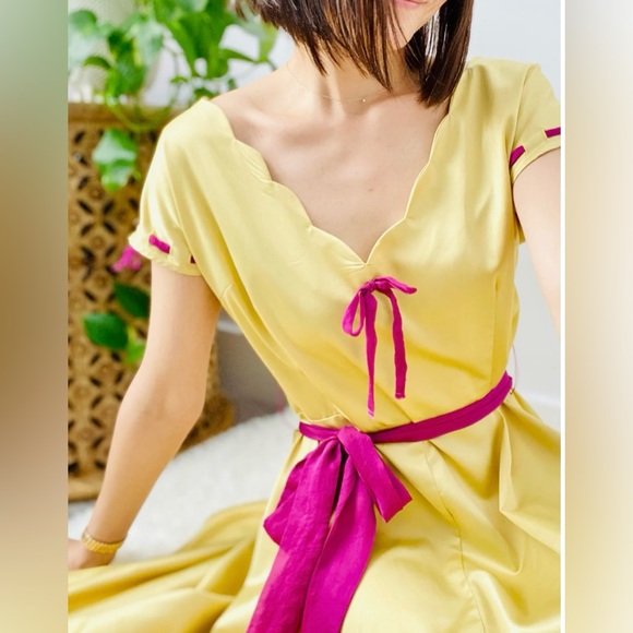 RARE Vintage chartreuse colorblock satin dress size large by Elvgren by Tatyana - Picture 2 of 11